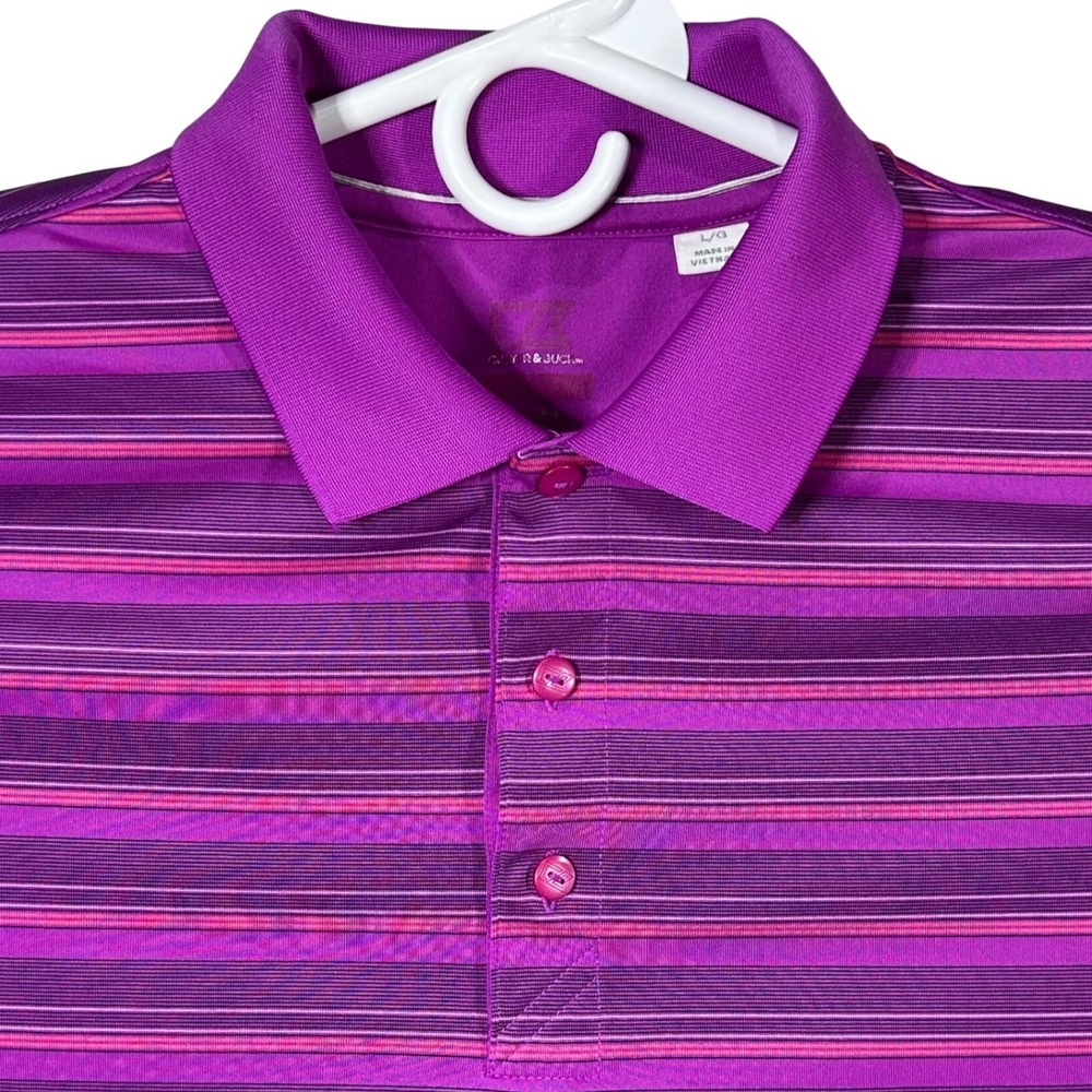 Cutter & Buck Golf Polo Shirt Men's Large Purple Pink Stripe Performance Dry Fit